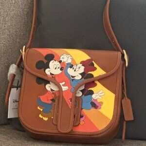 Disney Coach Courier Bag Mickey Minnie Mouse Brown Leather CQ801 Roller Skating